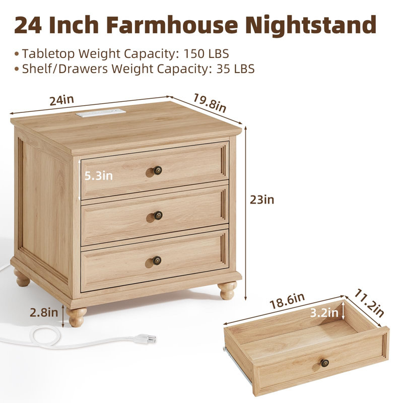 Farmhouse Nightstand Set Of 2 With Charging Station, 24" Wide End Table With 3 Drawers,dresser For Bedroom,bed Side Table Chest Of Drawers Cabinet,wood Night Stand For Living Room