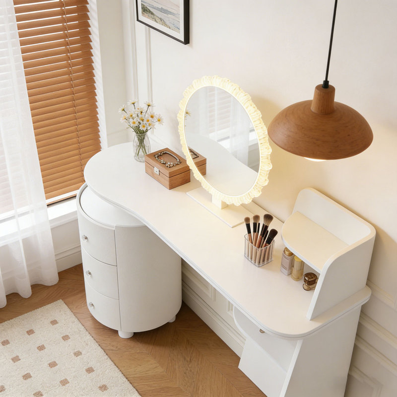 Coiffeuse avec miroir rond à DEL 3 couleurs