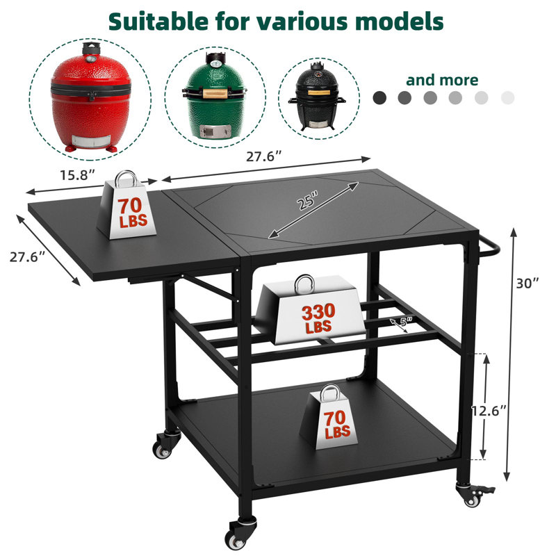 Table de barbecue d'extérieur pour barbecue Big Green Egg, table de préparation pour chariot en métal robuste avec roulettes, tablette de rangement, crochets et couvercle central amovible