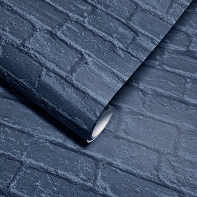 Papier peint contemporain 3D imitation brique rustique vieillie, bleu marine ardoise, style loft
