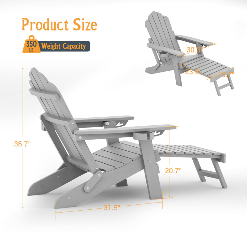 set of 2 HIPS Folding Adirondack Chair Adjustable Chair with Ottoman Fire Pit Patio Chair for Outdoor, Light Gray