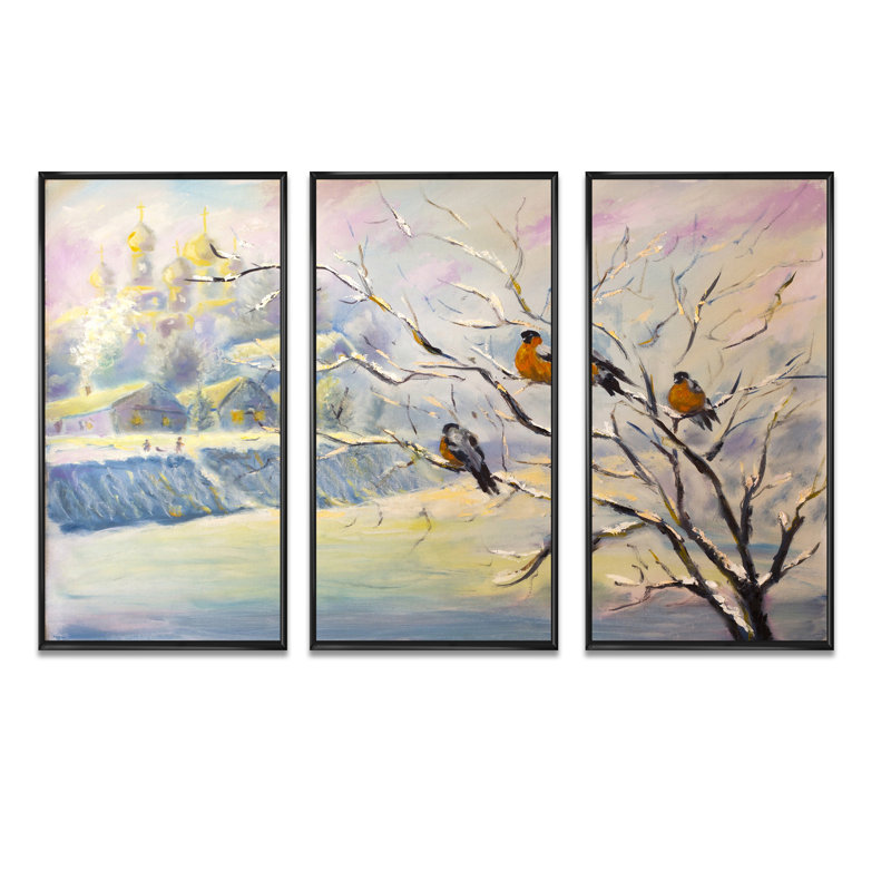Rustic Birds On A Tree In Winter Village - peinture sur toile flottante 3 pièces, L 36 po x H 20 po, Cadre noir