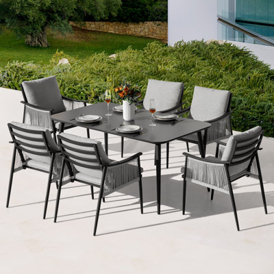 Patio Time 7-piece Outdoor Dining Set, 6 Dining Chairs With Handwoven PVC-coated polyester Ropes And 1 Dining Table With Tempered Glass Tabletop, Arc Armrests And Backrest, Soft Cushions With Zippers, For Garden Lawn Yard, Black And Gray