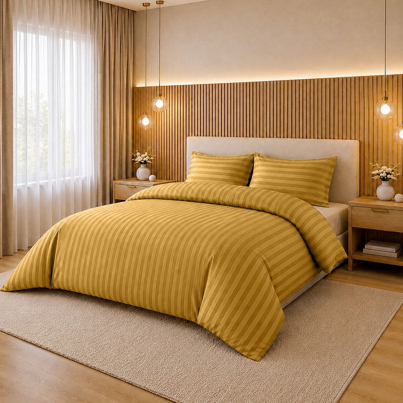 Microfiber Striped Duvet Cover Set with Pillowcases Included, Ochre Striped, Single Duvet Cover Set + 1 Standard Pillowcase