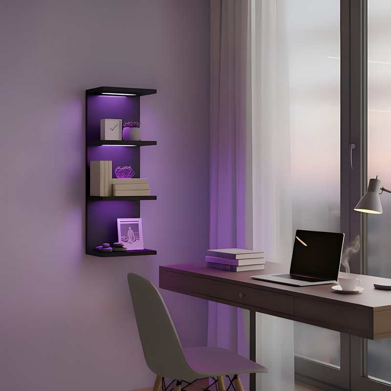 Étagère murale H 29,99 po à 4 niveaux avec lumières RVB, Noir