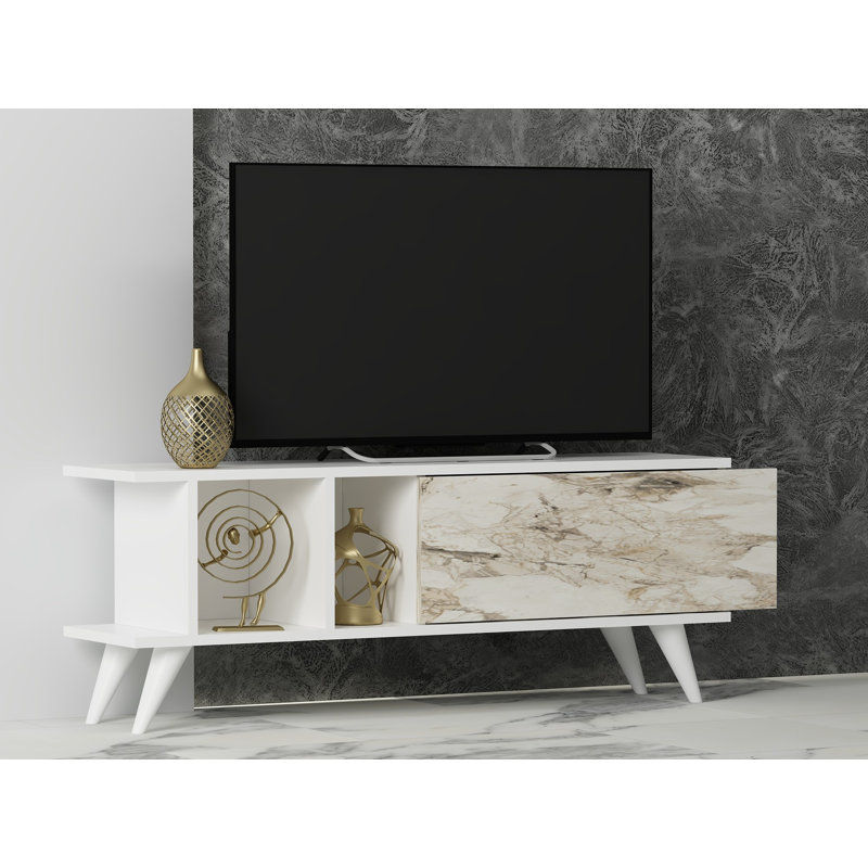 Meuble télé moderne, blanc et marbre, 47,2 po x 11,8 po x 17,7 po | 100% panneau de particules enduit de mélamine, épaisseur: 0,7 pouce | Pieds en PVC durable, hauteur des pieds 5,9 pouces | Design élégant pour le salon et les espaces de divertissement