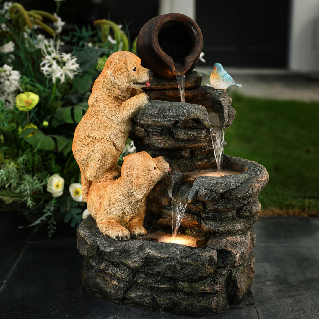 Aslynn 25.8 inch Puppy Rock Tower Resin Water Outdoor Fountain with Lights Millwood Pines