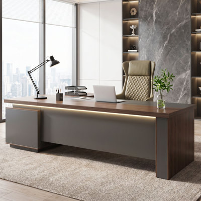 62.9" Reversible L-Shaped Executive Desk with LED Lighting, Modern Office Desk with Power Outlets & Combination Lock Drawer, Walnut & Grey