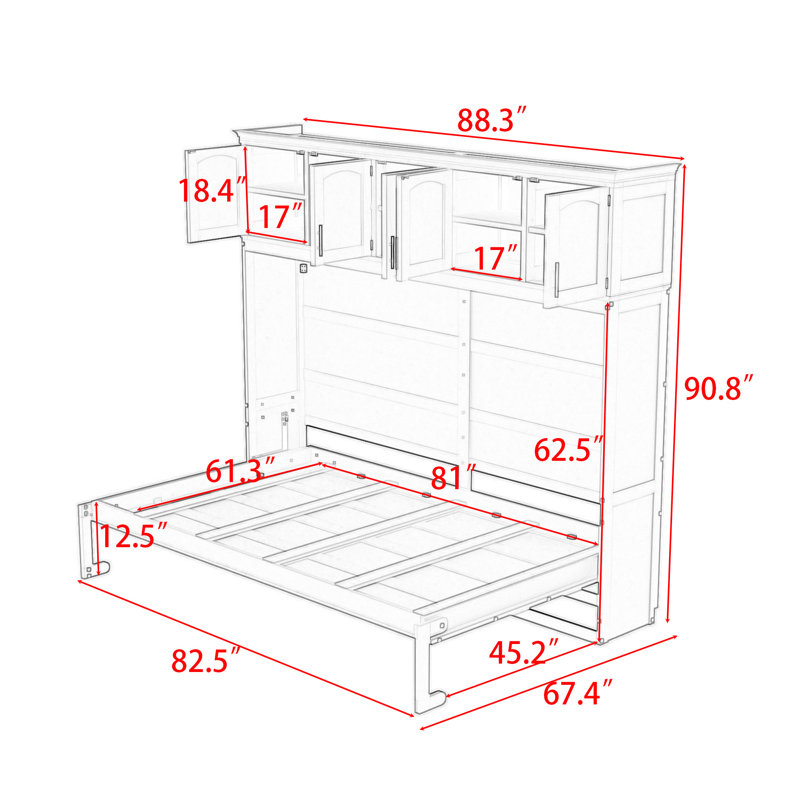 Lit escamotable multifonctionnel avec lattes et tablettes Arrabella, gris, Grand