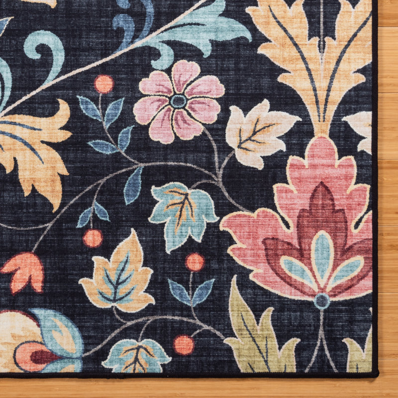 Tapis noir à motif floral rayé lavable à la machine Rayna Verner, Rectangle 6 pi 6 po x 9 pi