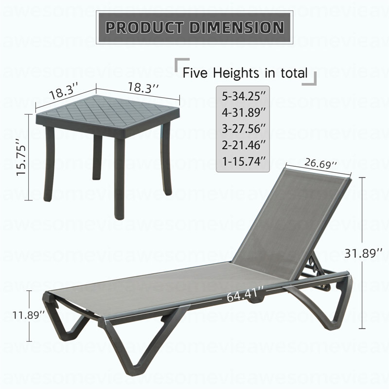 Patio Chaise Lounge Chair Set Of 3,Outdoor Aluminum Polypropylene Sunbathing Chair With 5 Adjustable Position,Side Table For Beach,Yard,Balcony,Poolside(Grey,2 Lounge Chair+1 Table)