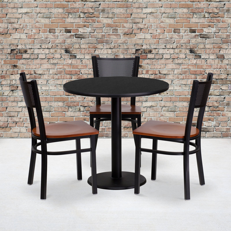 Deepraj 30" Round Laminate Table Set with 3 Metal Chairs - Cherry Wood Seat