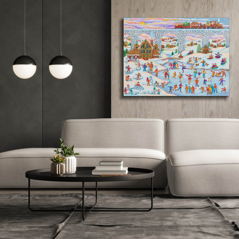 Toile épique Graffiti «Winter Skating And Santa Train» par Andrea Strongwater, art mural 54 po x 40 po