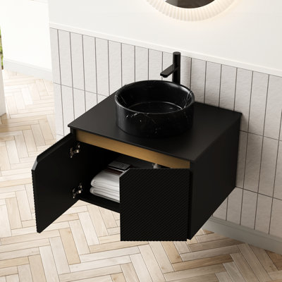 Meuble-lavabo flottant noir de 24 po en pierre: lavabo en céramique, comptoir fritté, armoire à double porte en sergé avec lavabo mural à fermeture en douceur, motif veiné gris, portes et fermeture