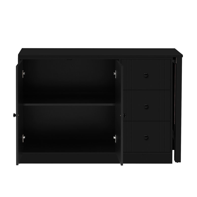 Buffet de 89,7 po avec table extensible, rangement multifonctionnel pour le salon, le bureau et le vestibule, peu encombrant, tablette réglable, glissières de tiroir silencieuses, design texturé, finition, support stable