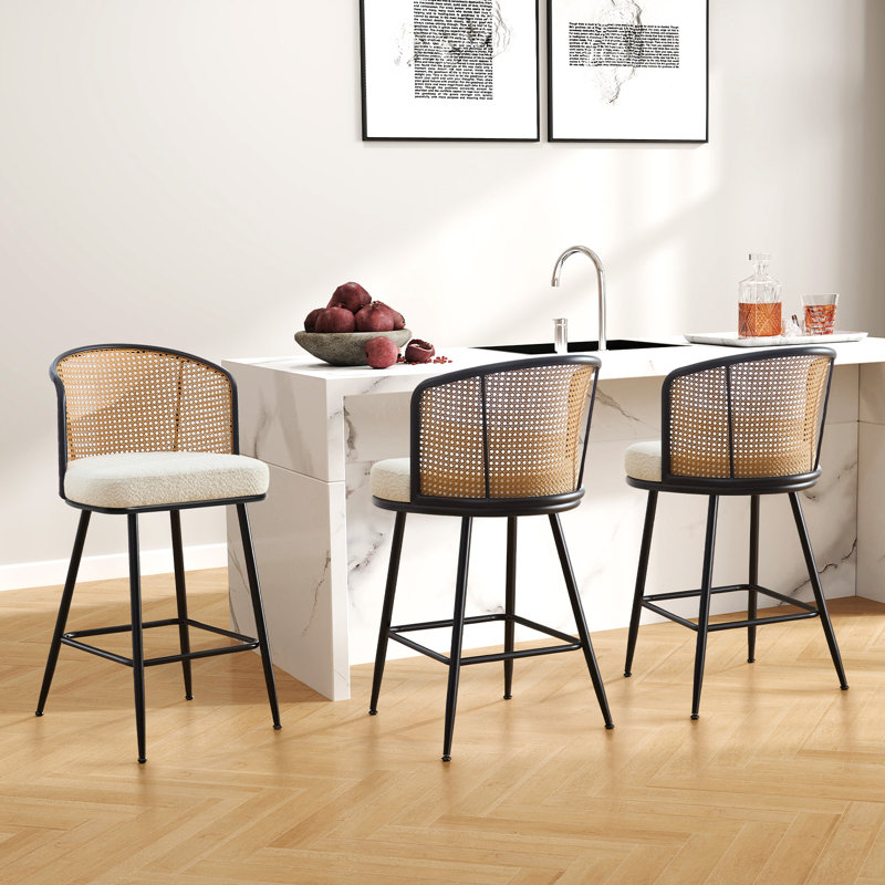 Tabouret de bar et de comptoir rembourré Cane, Blanc, Tabouret de bar (siège d'une hauteur de 29 po), 3