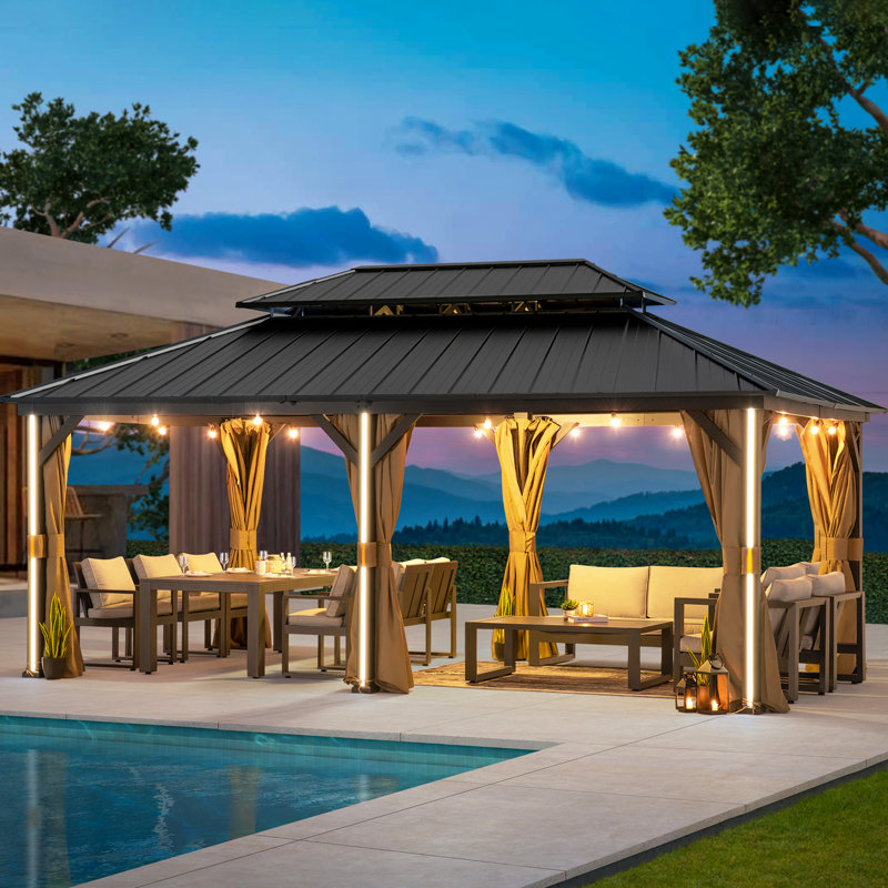 Stratford 12’ X 20’ Aluminum Galvanized Hard Top Gazebo,Double Roof With Curtain, Netting, LED Lighting And Charging Port