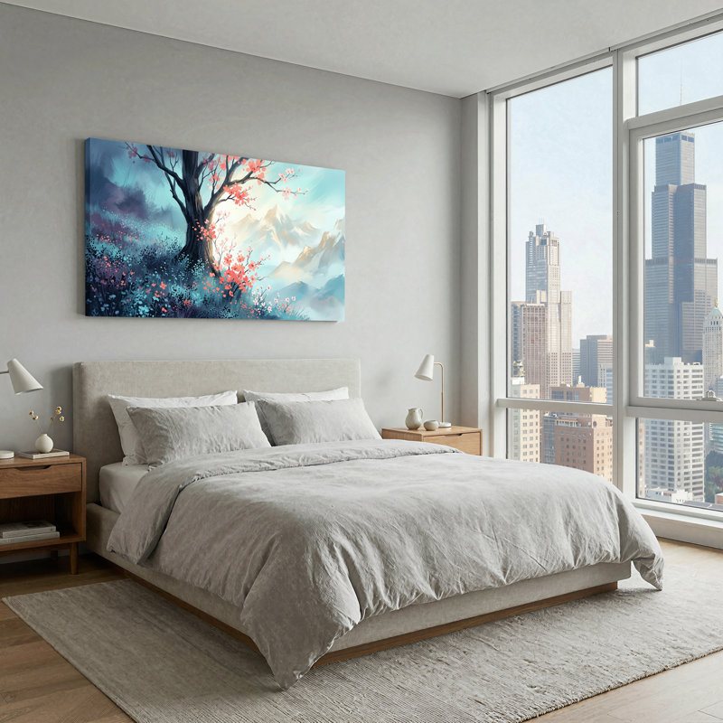 Tableau sur toile représentant un arbre en fleurs roses et des montagnes bleues dans la brume, L 32 po x H 16 po