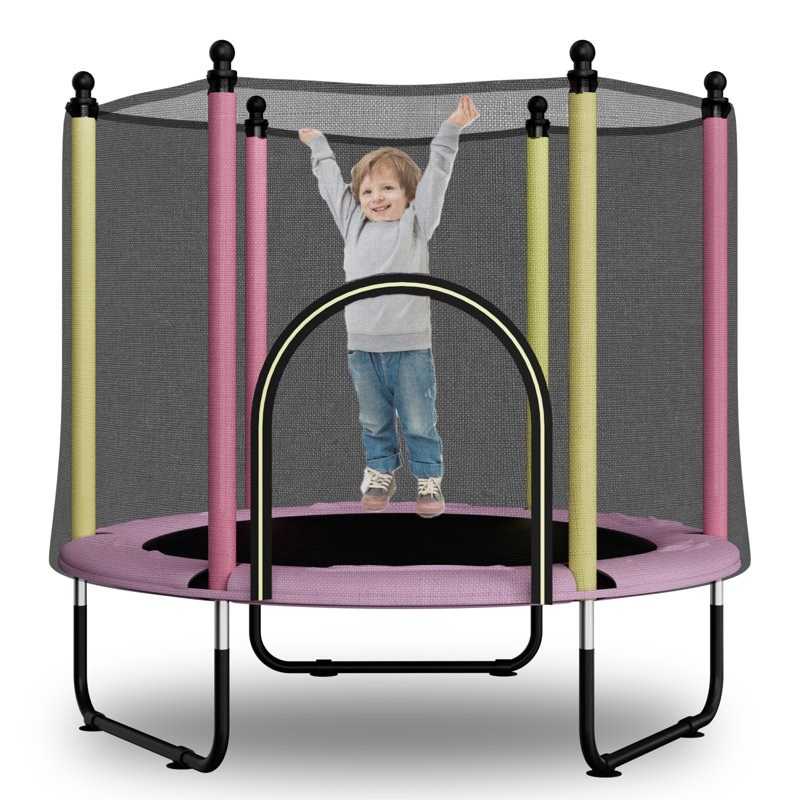 Trampoline d'intérieur pour enfants avec filet de sécurité SENCHO GINSYTALIOR 48 po Facile à assembler, Rose, Rose / jaune