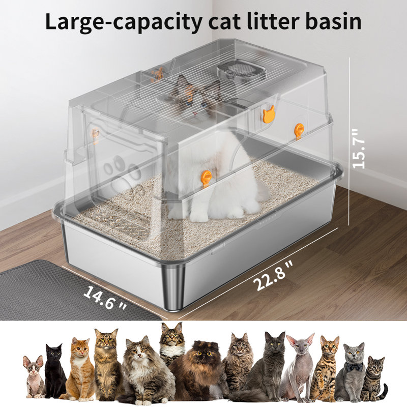 Litière pour chat avec couvercle extra large en acier inoxydable Pawward