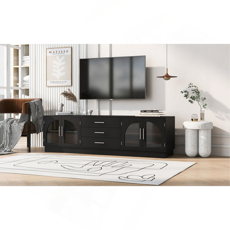 Marquala  TV Stand With Arched Glass Doors, 3 Drawers, 2 Cabinets With Adjustable Shelves, Black