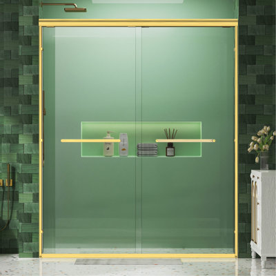 Porte de douche coulissante double à cadre en aluminium brossé l 56 à 60 po x H 72 po, verre trempé transparent de 1/4 po (6 mm) avec film antidéflagrant, poignées doubles en acier inoxydable