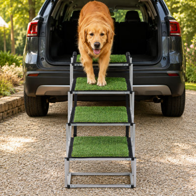 Escalier pliable multicolore en aluminium à quatre marches pour chiens, avec deux hauteurs réglables, large surface antidérapante en gazon artificiel, capacité de 90 kg, pour grands chiens, voitures, VUS, camions, lits hauts et canapés.