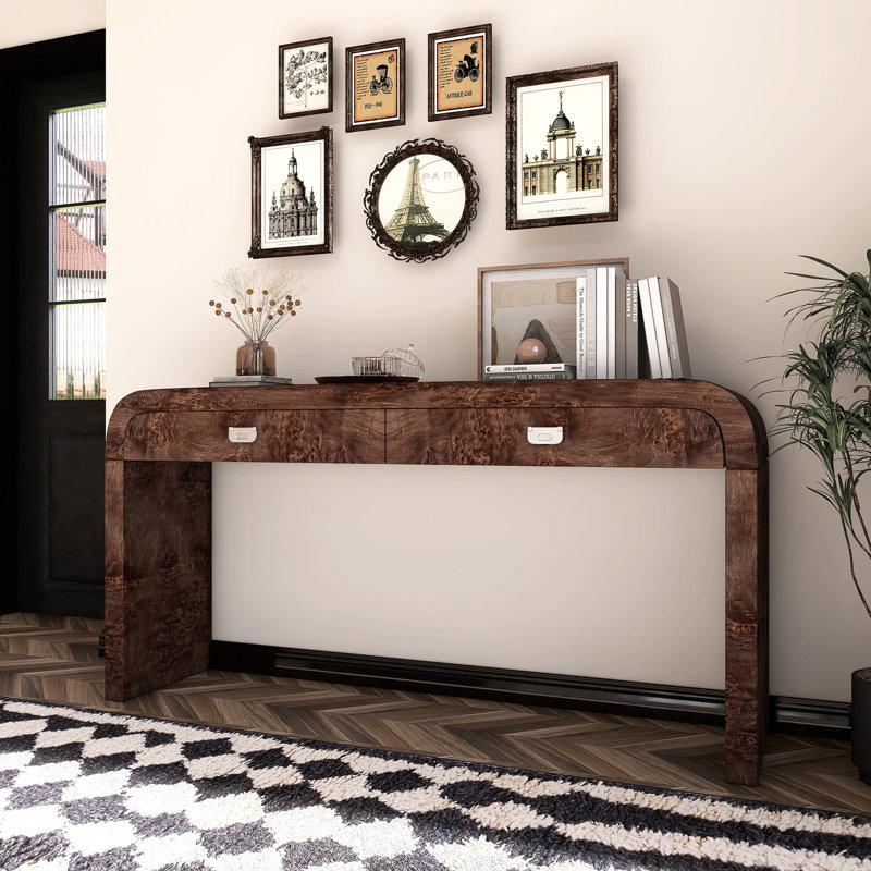 Wooden Entryway Table With Burl Veneer, Dark Brown