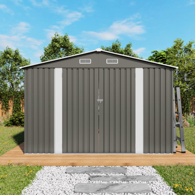 Grande remise de rangement grise en métal de 10 pi x 12 pi avec double porte et deux fenêtres, générateur sécuritaire pour bacs dans la cour arrière