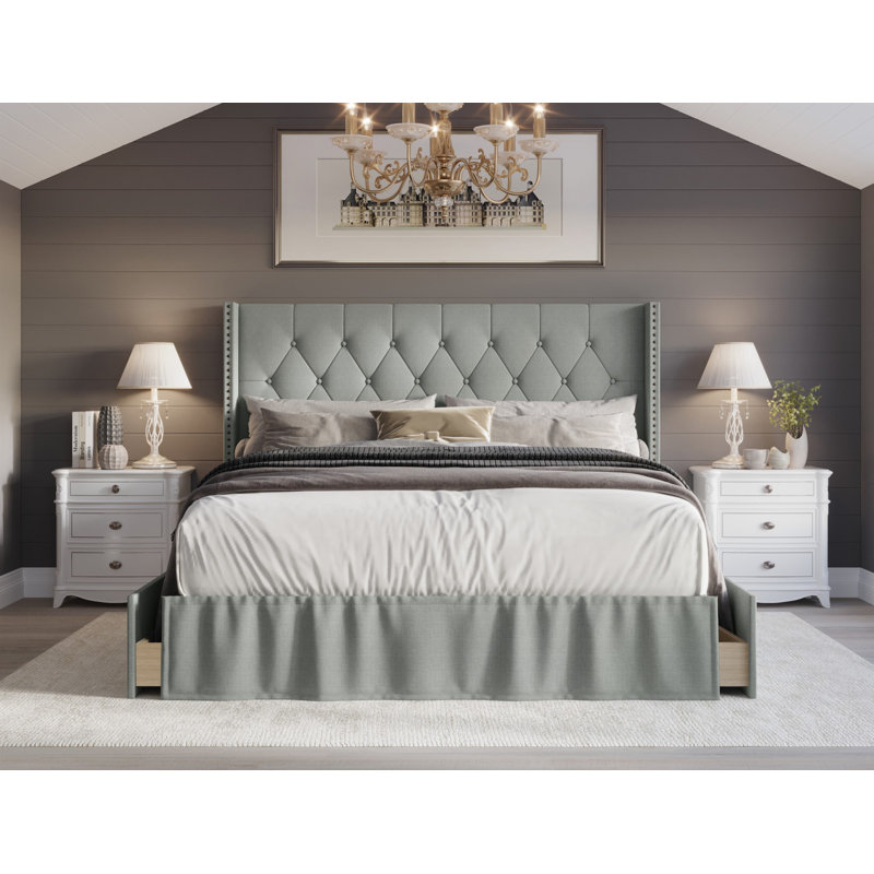Lit de rangement capitonné Javionte, Complète, Beige