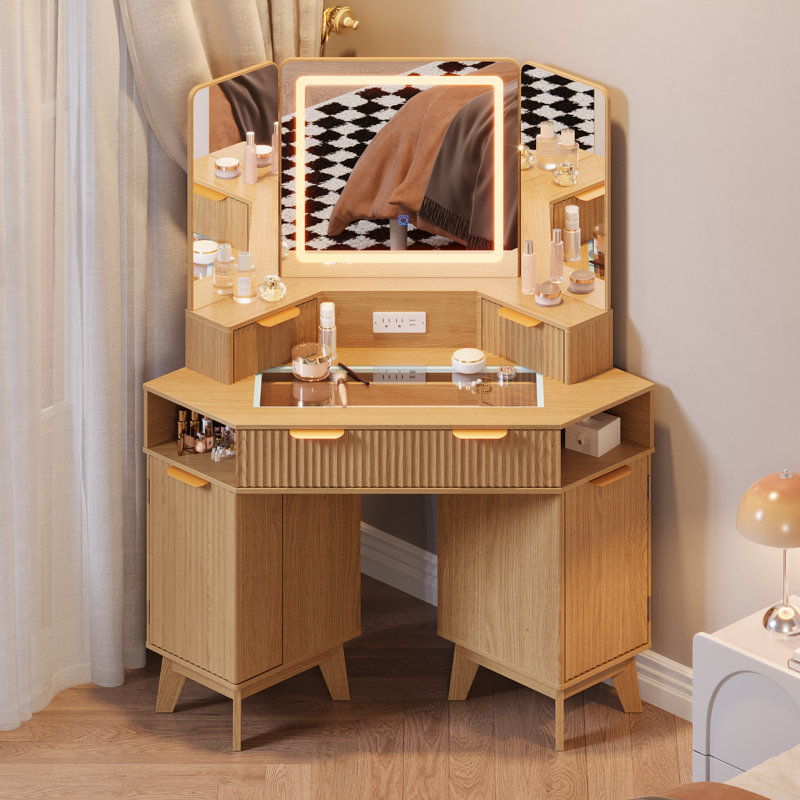 Meuble-lavabo cannelé de 48 pouces avec miroir et lumières, Brun
