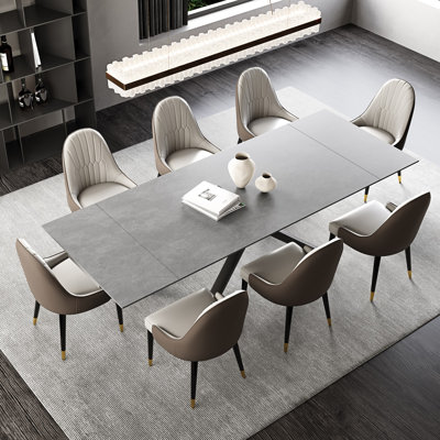 Kerius 9 - Piece 70.86" to 102.36" Extendable Rectangular Sintered Stone Dining Table with 8 Leather Chairs Dining Set by Corrigan Studio