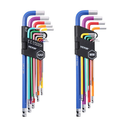 Hex Key Allen Wrench Set, 22 pcs SAE (0.050-3/8 in) and Metric (1.5-10 mm), Color Coding Allen Wrenches Sets with Ball End, Long Arm L-Shaped Hex Key for Bicycle, Household, Automobile Repair