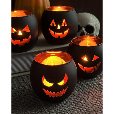 6-Piece Halloween Jack-O'-Lantern Candle Holder Set – Black Glass Décor