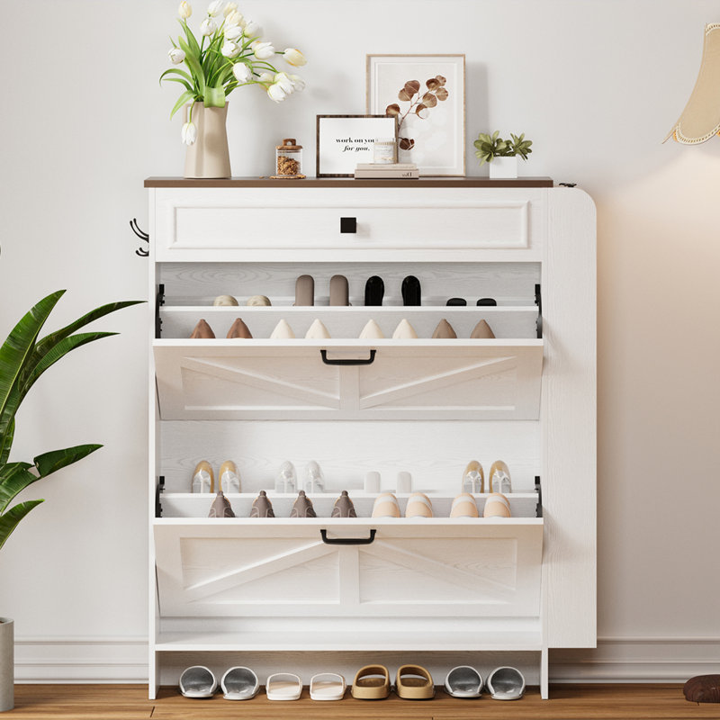 Farmhouse 16 Pair Shoe Storage Cabinet With 2 Flip Drawers, Narrow Shoe Storage Organizer Unit with Shelves For Entryway