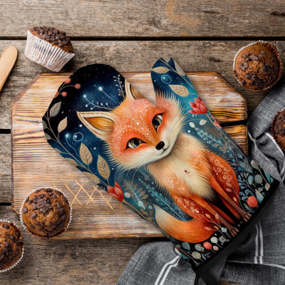Folk Art Fox Oven Mitt Cotton Twill