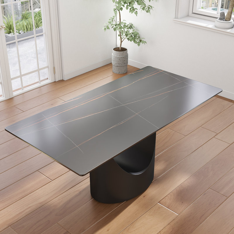 Table de salle à manger rectangulaire moderne en pierre frittée avec base piédestal, Lauren Blackgold, Noir