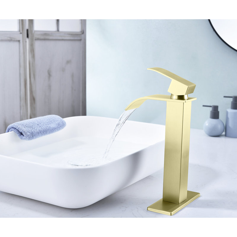 Brushed Gold Bathroom Faucet, Waterfall Spout For Vanity Sink, Single Handle, Stainless Steel, Improvement Option Handle Gold, Quality Convenient Water Control
