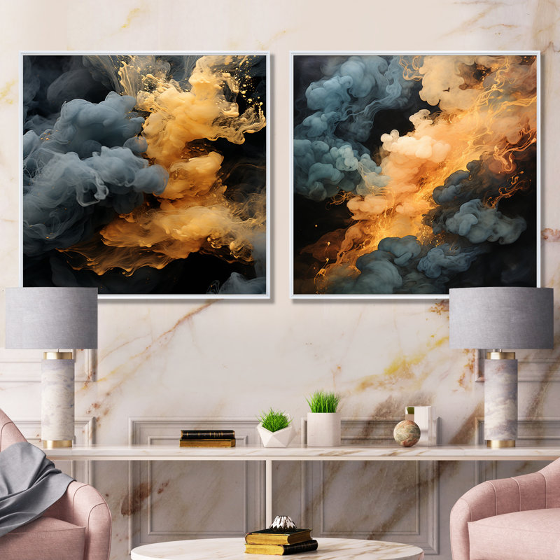 Ensemble de 2 reproductions d'art sur toile abstraites gris et orange, Cadre flottant blanc, H 30 po x l 61 po x P 1 po