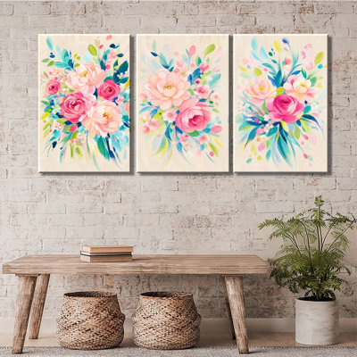 Aquarelle, pivoine rose, bouquet de roses, texture de lin, toile tendue prête à accrocher, 3 pièces, impression sur toile