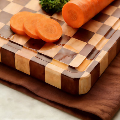Checkered Cutting Board, Acacia Wood Chopping Board with Grooves and Handles, Butcher Block Serving Board for Kitchen, 16.5" x 11.6