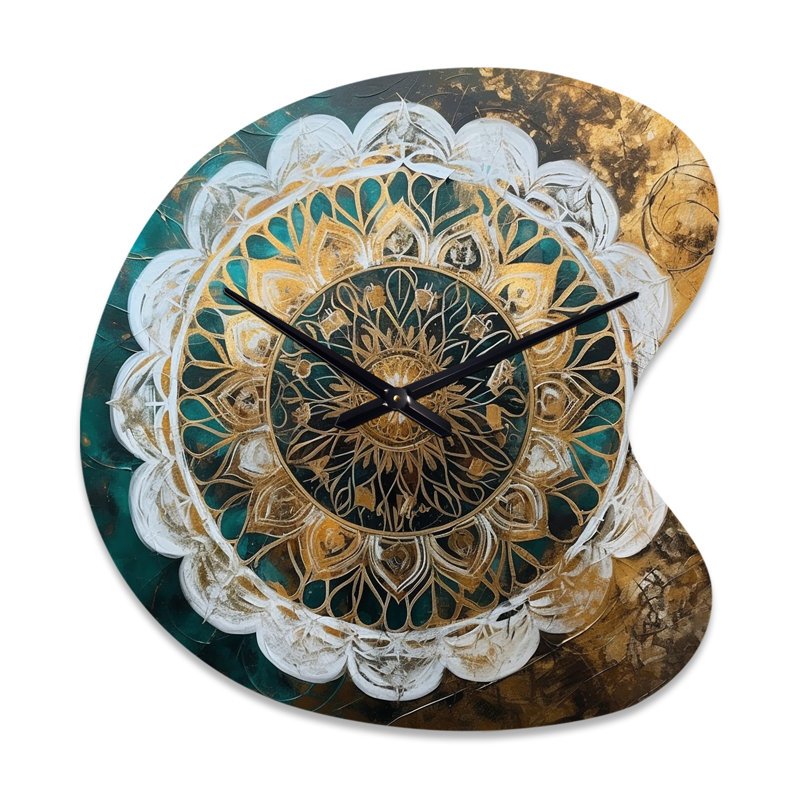Horloge murale bleu sarcelle et or Mandala I - Boho Mandala, Grand