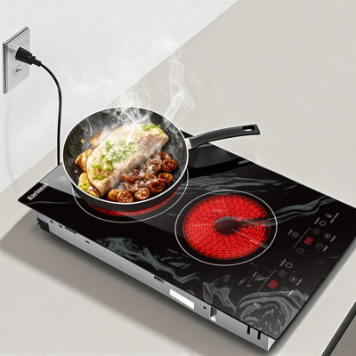 Plaque de cuisson électrique portative 2 brûleurs Karinear, plaque de cuisson électrique à brancher 110 V, utilisation sur comptoir ou installation intégrée, surface de cuisson en céramique de 12 po à motif de belles vagues