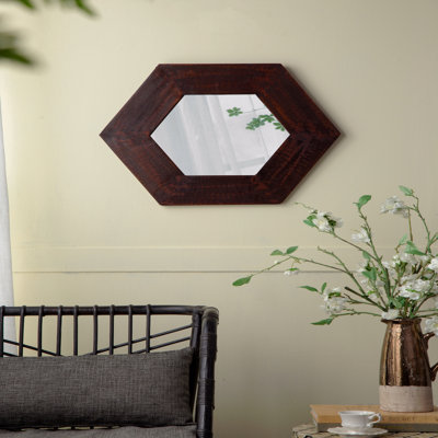 18.5" X 18.5" Hexagon Mirror With Solid Wood Frame, Wall Decor For Living Room Bathroom Hallway, Dark Brown