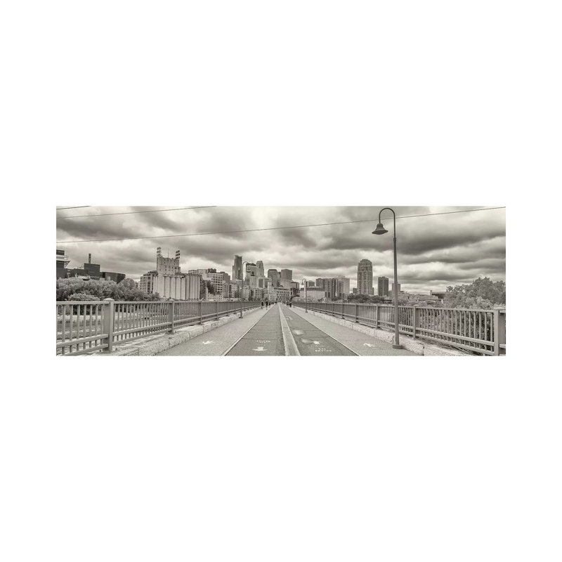Stone Arch Bridge with Buildings in the Background, Mill District, Upper Midwest, Minneapolis, Hennepin County, Minnesota, USA 1 Piece Wrapped Canvas Panoramic Wall Art