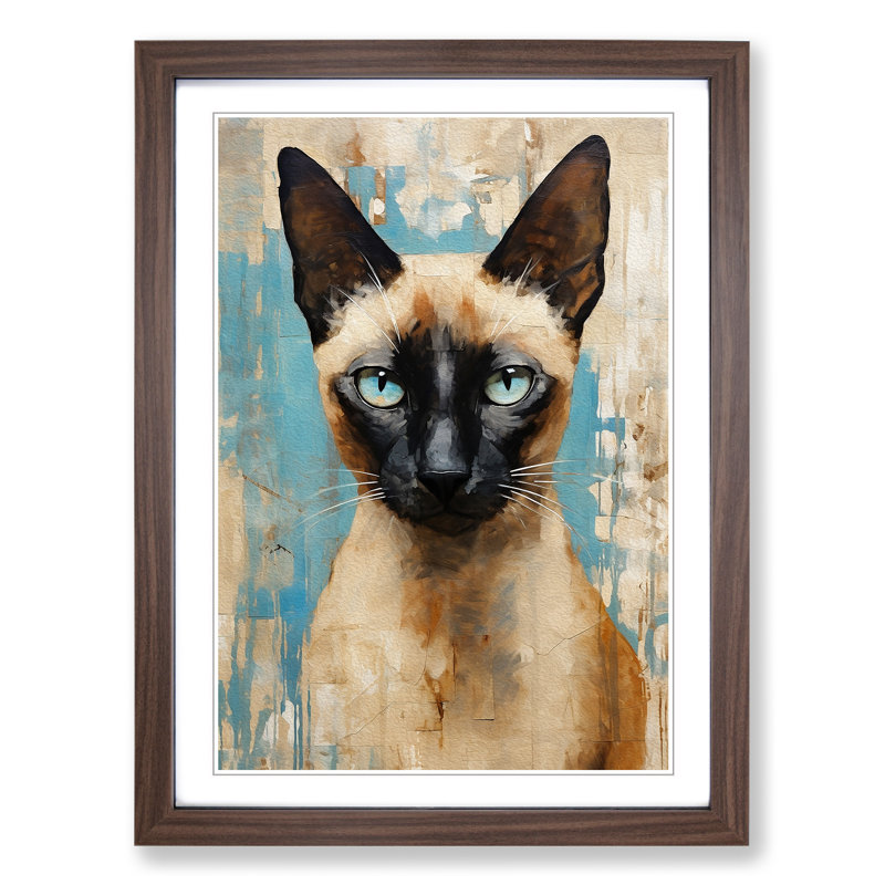 Siamese Cat Gestural - Single Picture Frame Print on Wood, 64cm H x 46cm W x 2cm D, Walnut 