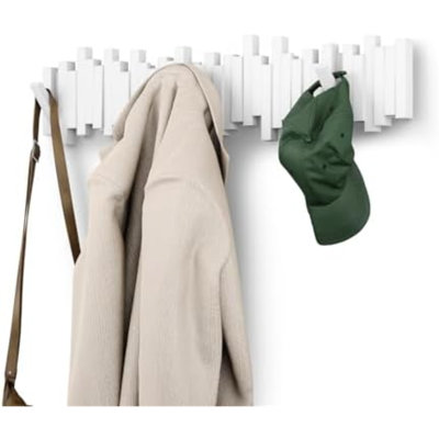 Sticks Wall Coat Rack, Wall Mount 8 Retractable Hooks, White | Modern sculptural look, holds five pounds each, fits entryways and bedrooms, easy to install, recycled plastic