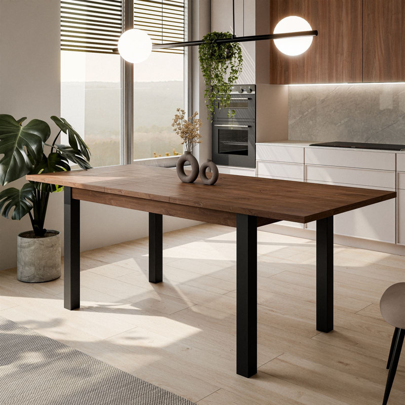 Extendable Metal Base Dining Table, Stirling Oak, Black