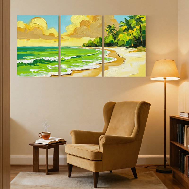 Nautique et plage, plage tropicale avec palmiers et vagues de l'océan, ensemble de 3 impressions sur toile, H 24 po x l 48 po