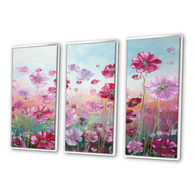 Elegant Geraniums Flowers Field - Flower Field Canvas Wall Art Set, 28" H x 36" W x 1" D, White Floater Framed